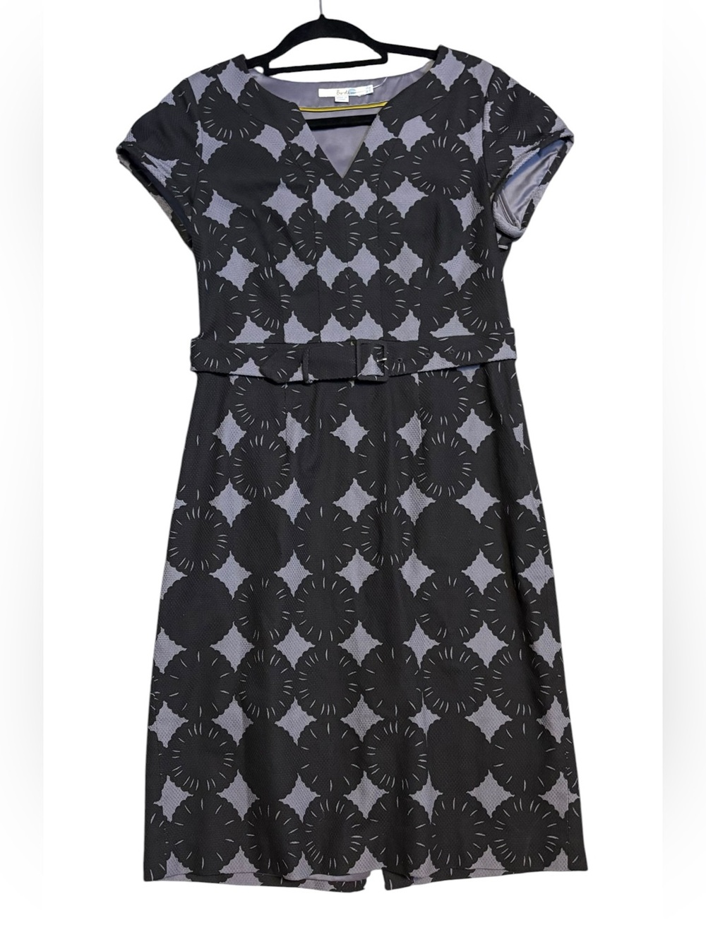 Boden Gray Black Floral Textured Sheath Midi Dress Belted Size 8L
